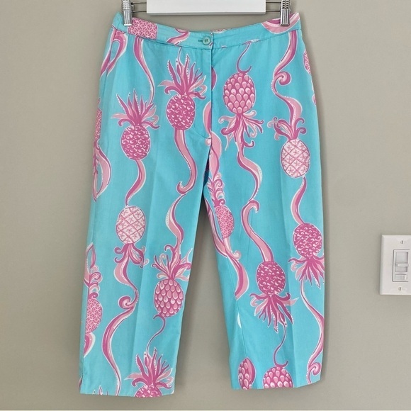 Vintage Lilly Pulitzer Cropped Pants Pink Blue Pineapple print Size 4 - Picture 2 of 16